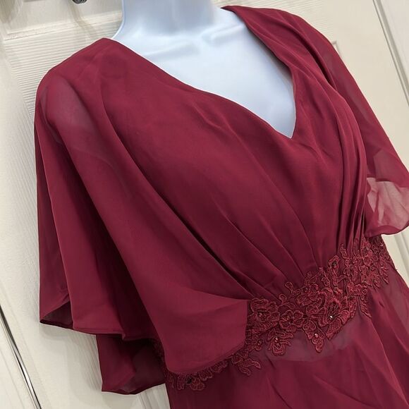 Wedding Pant Suit Maroon Red Sheer Ruched Cap Sleeve Embroidered Beaded Elegant - Picture 3 of 15